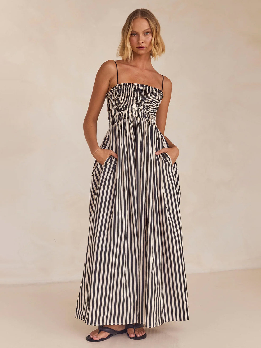Smocked Striped Square Neck Cami Dress - Tote and Lounge