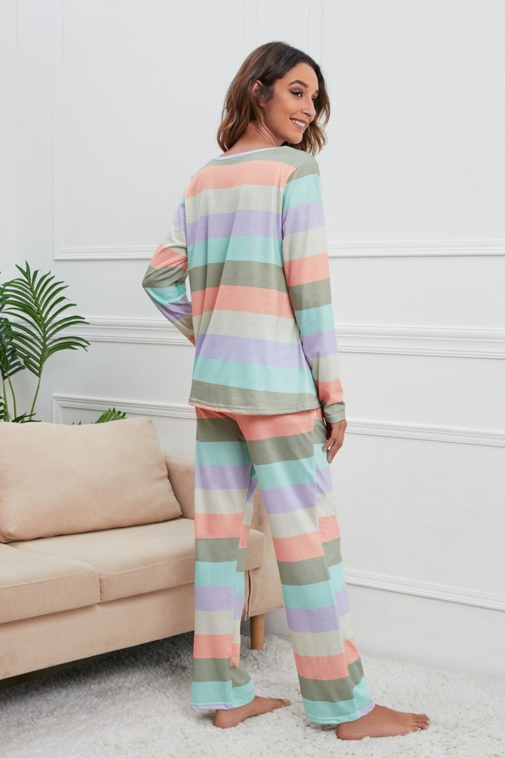 Striped Round Neck Long Sleeve Top and Drawstring Pants Lounge Set - Tote and Lounge