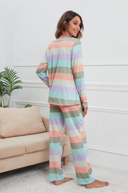 Striped Round Neck Long Sleeve Top and Drawstring Pants Lounge Set - Tote and Lounge