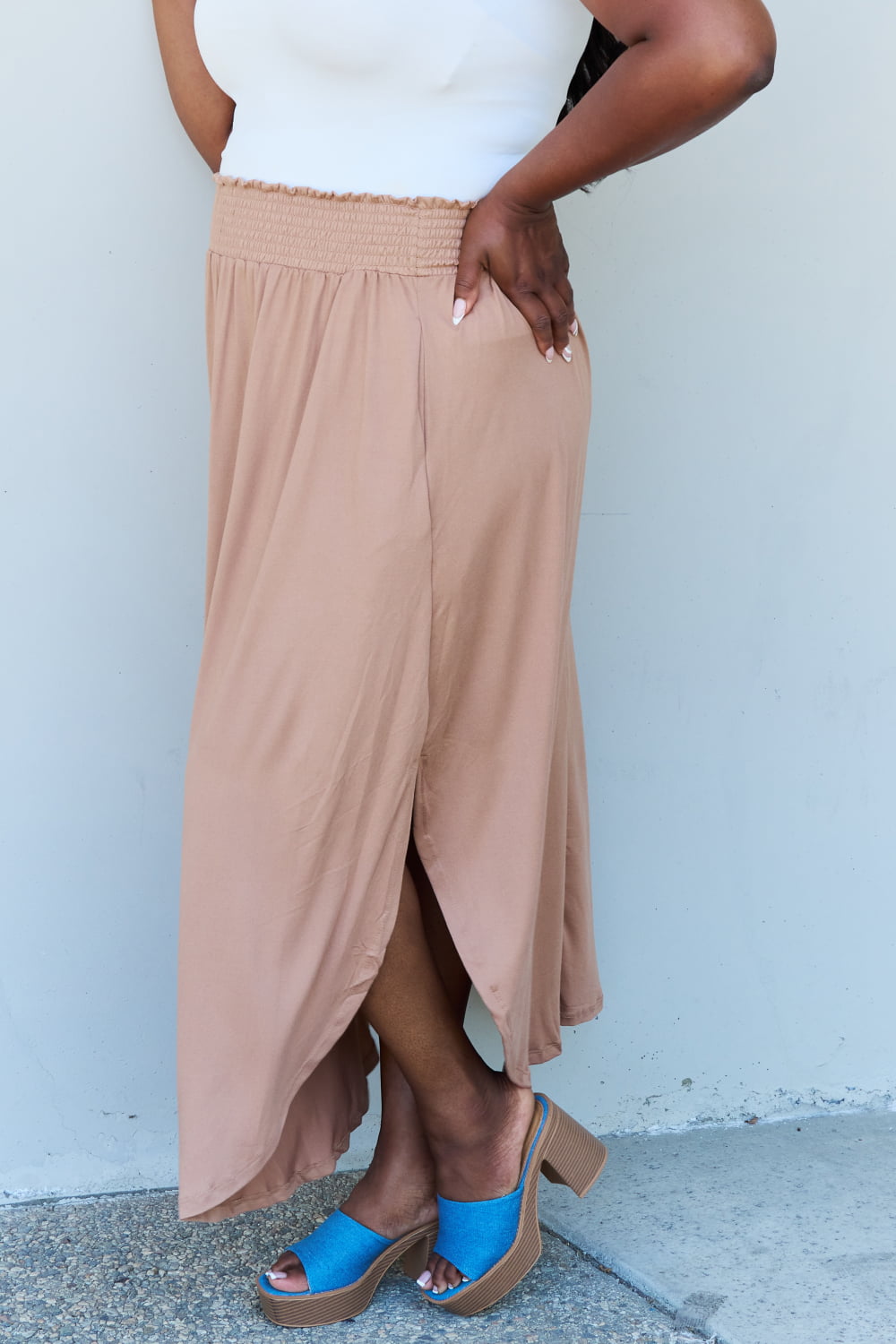 Doublju Comfort Princess Full Size High Waist Scoop Hem Maxi Skirt in Tan - Tote and Lounge