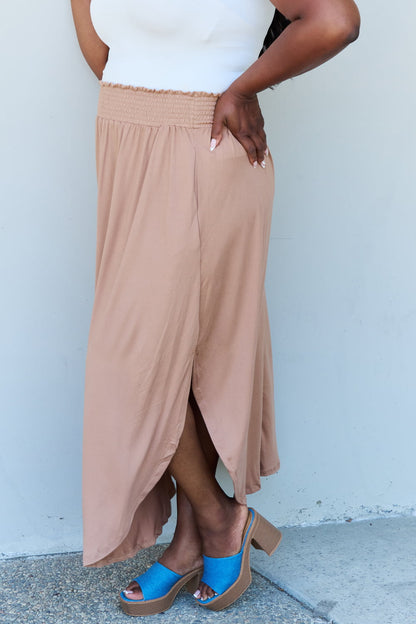 Doublju Comfort Princess Full Size High Waist Scoop Hem Maxi Skirt in Tan - Tote and Lounge