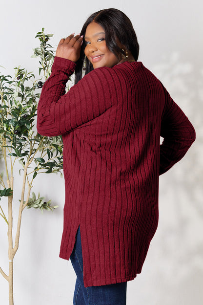 Basic Bae Full Size Ribbed Round Neck Long Sleeve Slit Top - Tote and Lounge