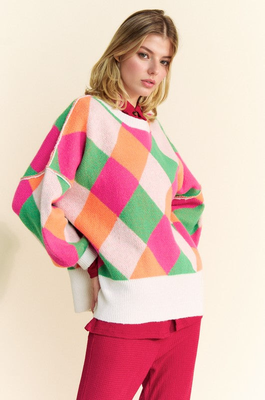 Davi &amp; Dani Exposed Seam Color Block Dropped Shoulder Sweater