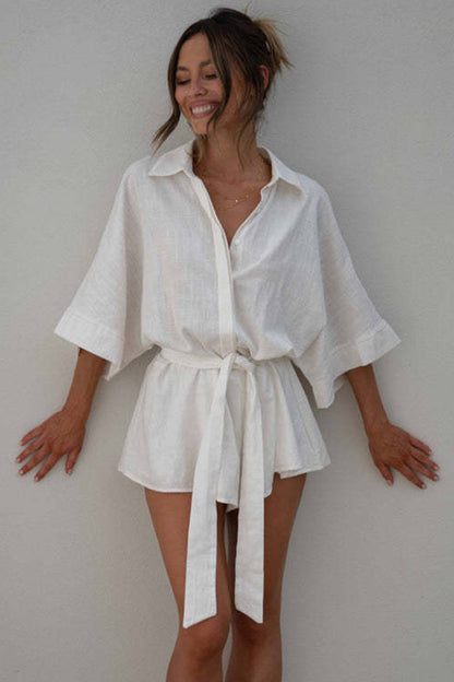 Tied Button Up Collared Neck Romper - Tote and Lounge
