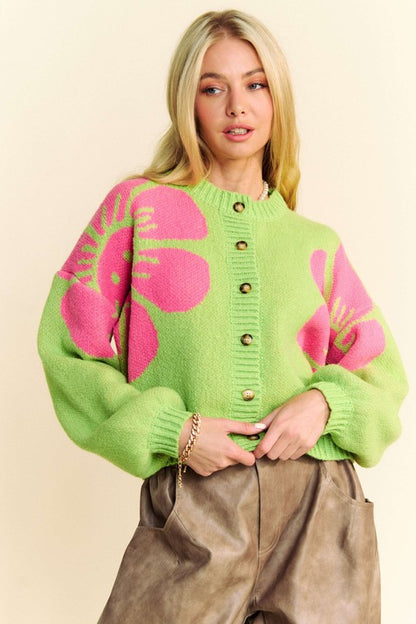 Davi &amp; Dani Flower Contrast Round Neck Long Sleeve Cardigan