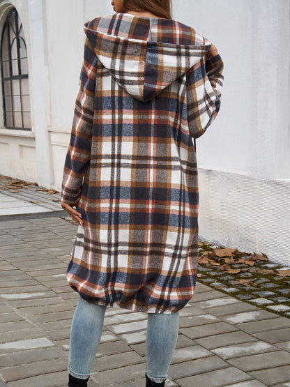 Plaid Zip Up Hooded Coat - Tote and Lounge