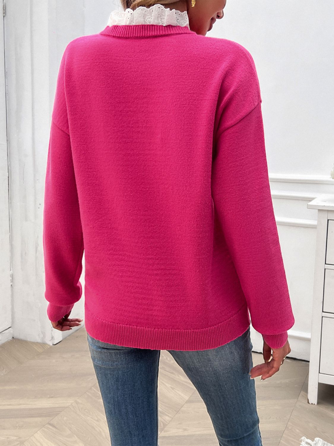 Lace Detail Notched Long Sleeve Sweater - Tote and Lounge