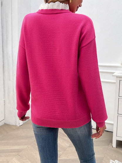 Lace Detail Notched Long Sleeve Sweater - Tote and Lounge