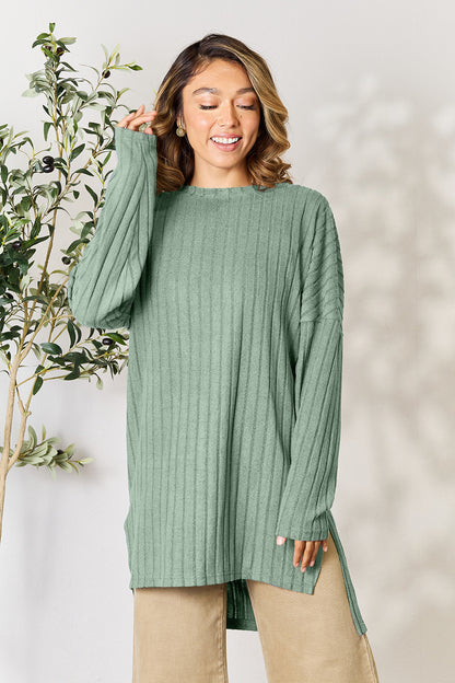 Basic Bae Full Size Ribbed Round Neck Long Sleeve Slit Top - Tote and Lounge