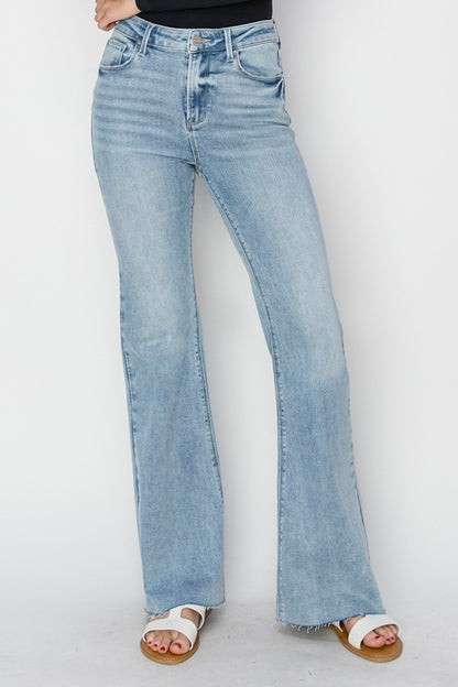 RISEN Full Size High Rise Raw Cut Hem Bootcut Jeans - Tote and Lounge