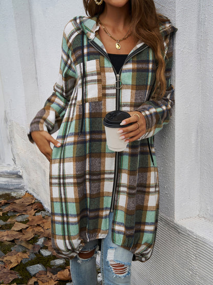 Plaid Zip Up Hooded Coat - Tote and Lounge
