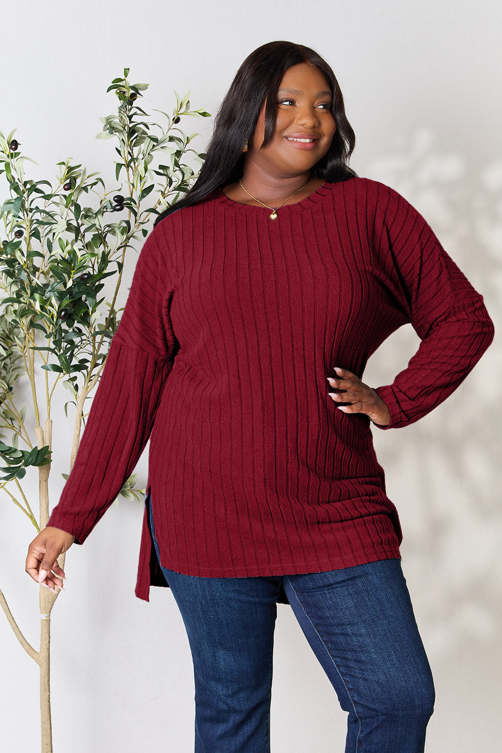 Basic Bae Full Size Ribbed Round Neck Long Sleeve Slit Top - Tote and Lounge
