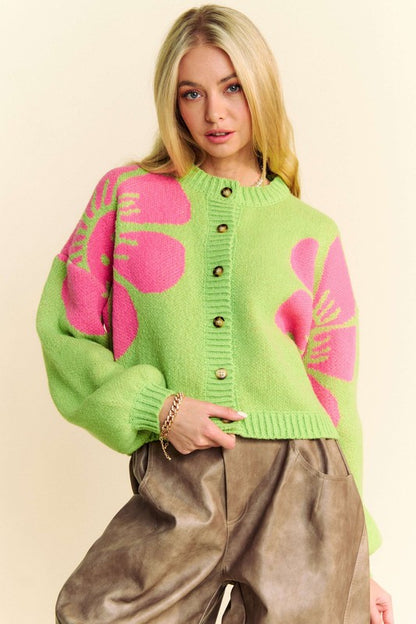 Davi &amp; Dani Flower Contrast Round Neck Long Sleeve Cardigan