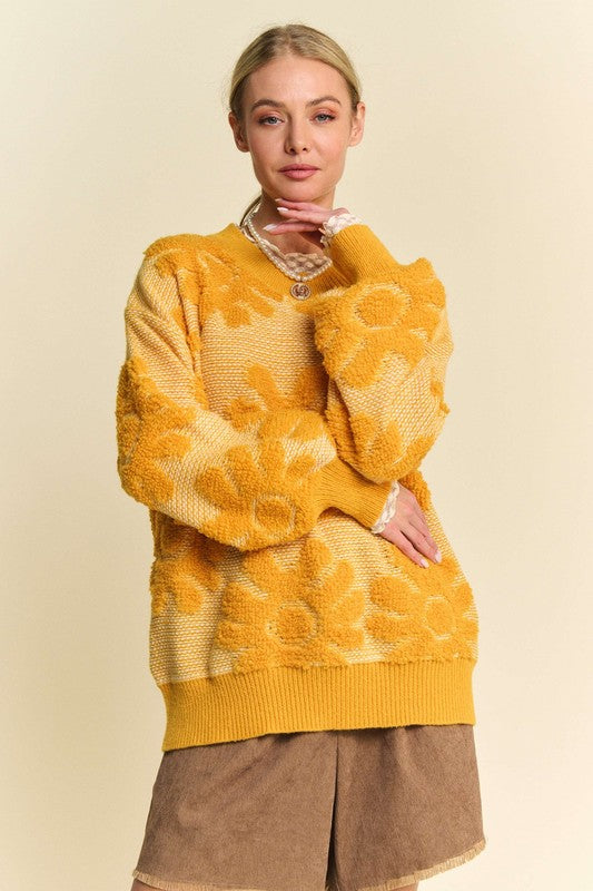 Davi &amp; Dani Flower Texture Round Neck Dropped Shoulder Sweater