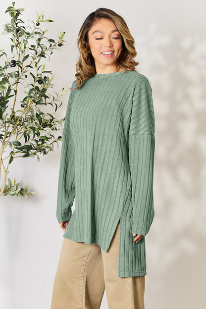 Basic Bae Full Size Ribbed Round Neck Long Sleeve Slit Top - Tote and Lounge