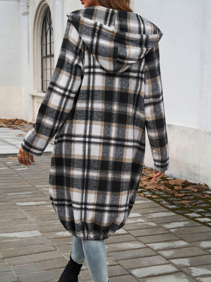 Plaid Zip Up Hooded Coat - Tote and Lounge