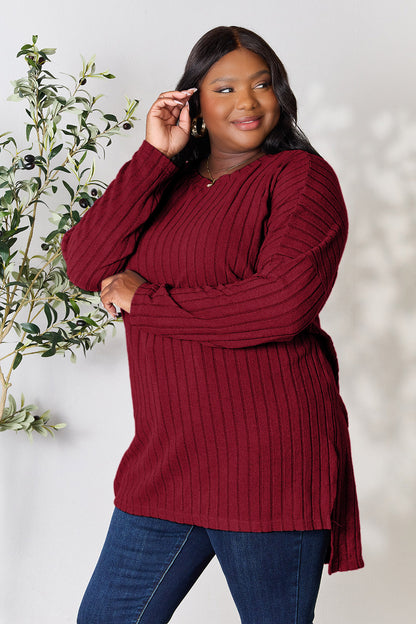Basic Bae Full Size Ribbed Round Neck Long Sleeve Slit Top - Tote and Lounge