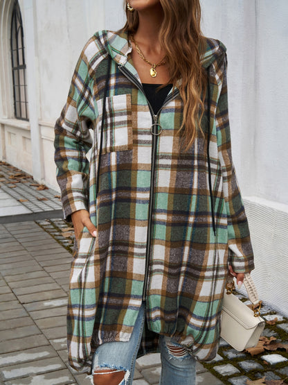 Plaid Zip Up Hooded Coat - Tote and Lounge