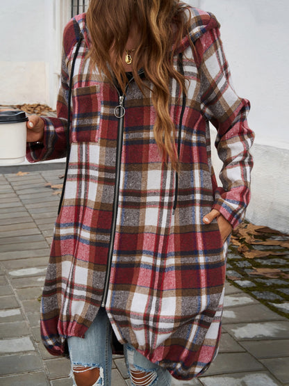 Plaid Zip Up Hooded Coat - Tote and Lounge