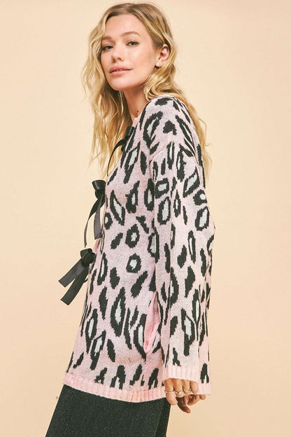 Davi &amp; Dani Leopard Ribbon Tie Front Loose Fit Cardigan