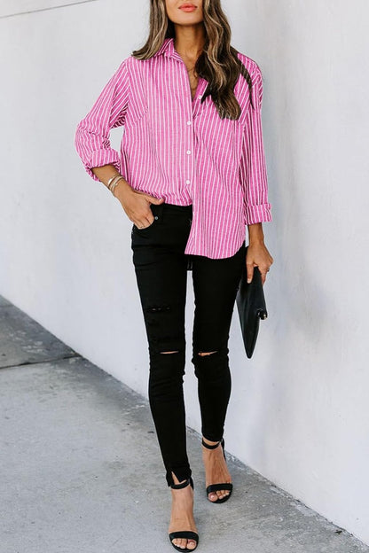 Striped Button Up Long Sleeve Shirt - Tote and Lounge