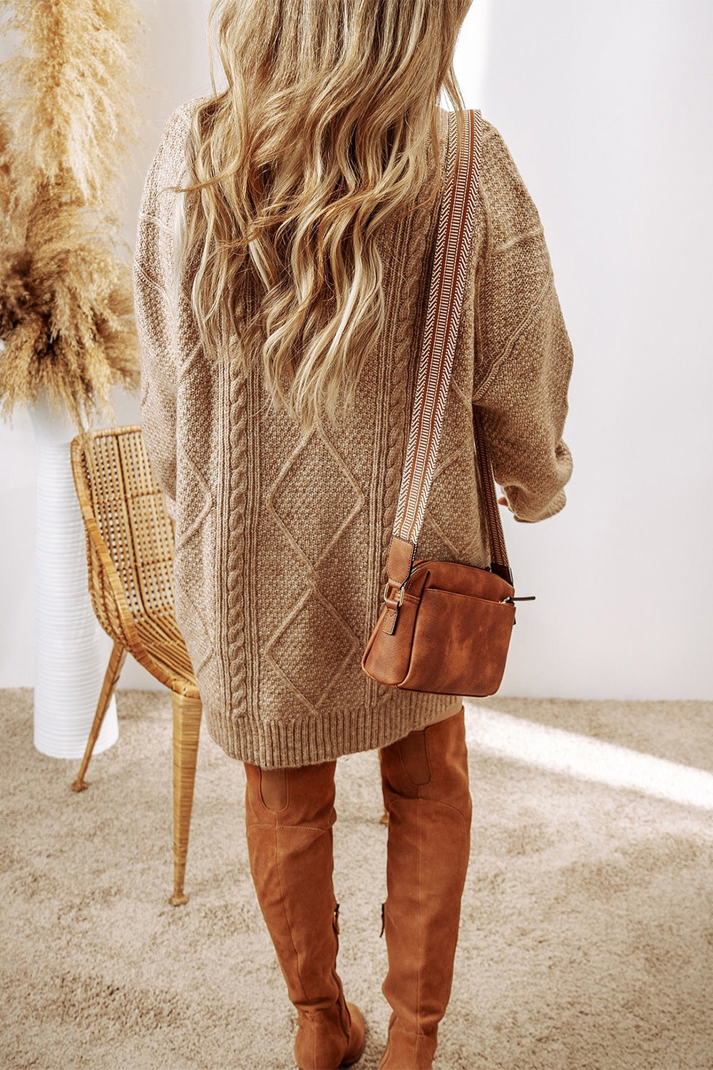 Cable-Knit Round Neck Sweater Dress - Tote and Lounge