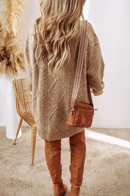 Cable-Knit Round Neck Sweater Dress - Tote and Lounge