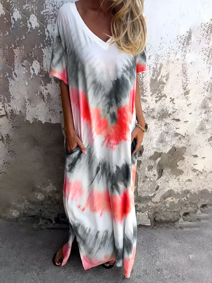 Full Size Pocketed Tie-Dye Short Sleeve Dress - Tote and Lounge