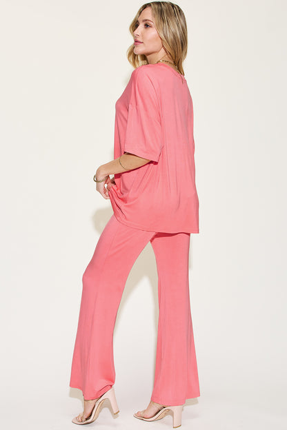 Basic Bae Full Size Bamboo Drop Shoulder T-Shirt and Flare Pants Set - Tote and Lounge