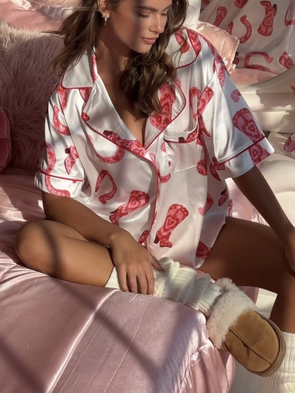 Printed Button Up Top and Shorts Lounge Set