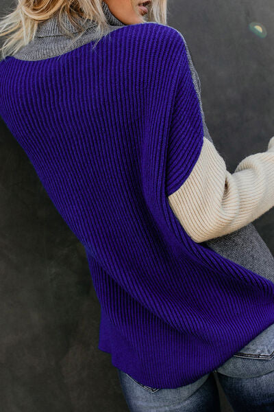 Color Block Cable-Knit Turtleneck Sweater
