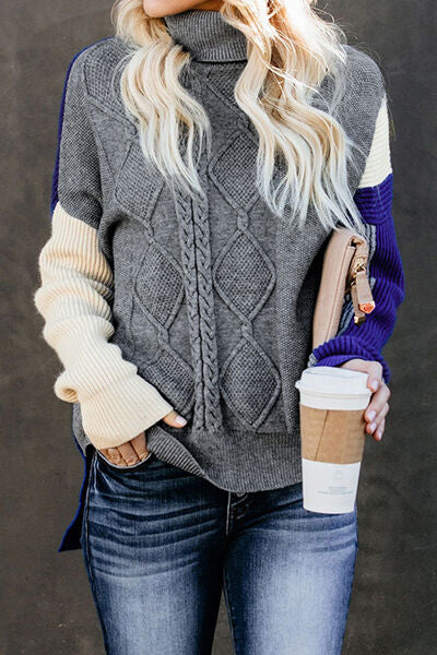 Color Block Cable-Knit Turtleneck Sweater